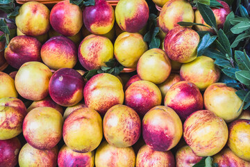 Colorful ripe fresh nectarines in a street stall. Selective focus