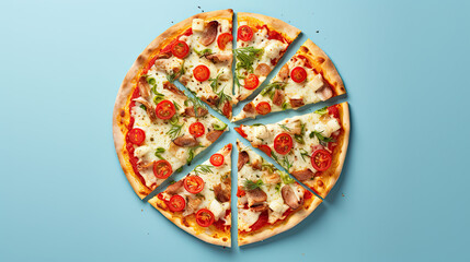  sliced pizza on a pastel blue  background