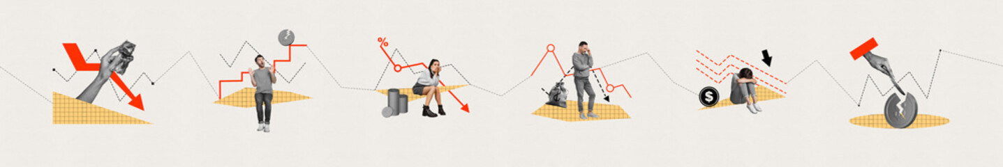 Image artwork collage of sad upset depressed people lost money think how increase capital improve...
