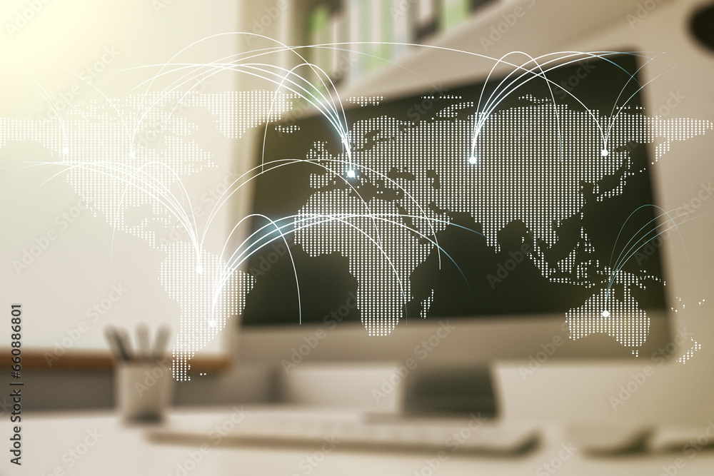 Aufkleber Double exposure of abstract digital world map with connections and modern desktop with laptop on background, research and strategy concept