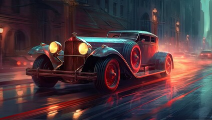 Retro old car with shining headlights effect