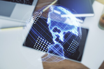 Double exposure of graphic America map and modern digital tablet on background, big data and digital technology concept