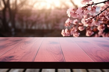 wooden table and blurred cherry blossom in the garden, showing a product, mockup 