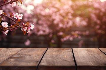Naklejka na ściany i meble wooden table and blurred cherry blossom in the garden, showing a product, mockup 