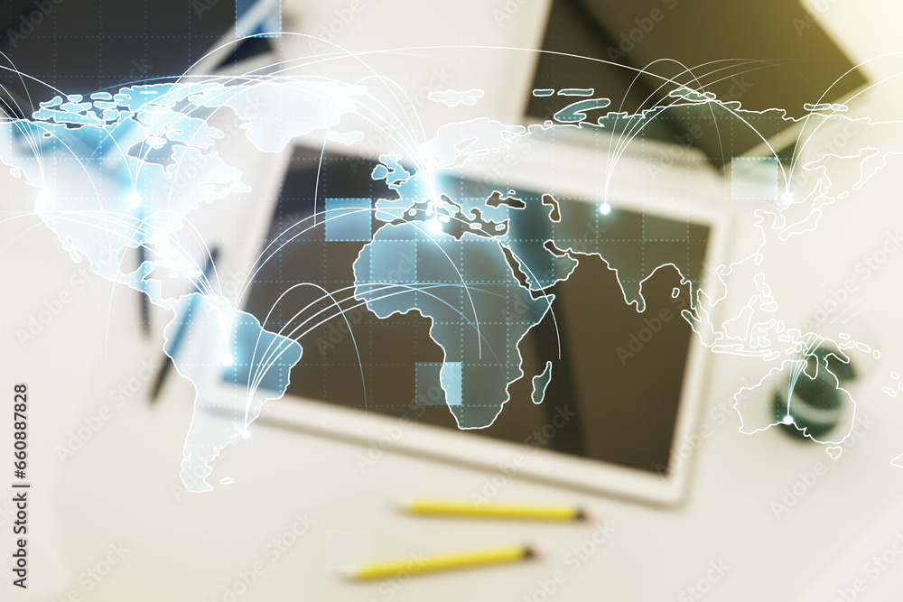 Poster abstract graphic digital world map with connections and modern digital tablet on desktop on backgrou