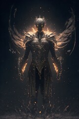 Archangel Deamon sitting on a heavenly golden throne showing off his power full body shot dynamic epressive poses action shot realistic tremendous Heaven Hell madness War background Control smoke  - obrazy, fototapety, plakaty