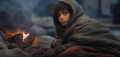 a boy sitting in shelter during war for safety with dirty outfit and blanket, children rights, Generative Ai