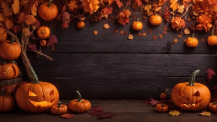 Background with halloween pumpkins autumn leaves on the wooden house porch