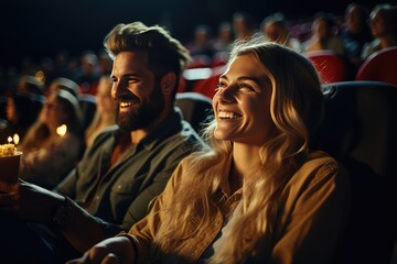 A happy young couple at the cinema, watching an exciting movie. Cinema concept. - obrazy, fototapety, plakaty