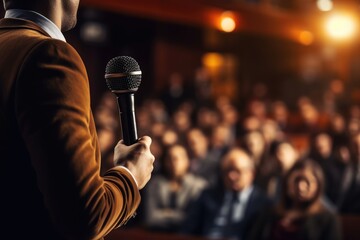 A speaker with a microphone in front of the audience. Live performance. Seminar or conference. General meeting.