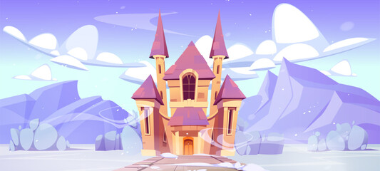 Medieval castle on winter mountain landscape. Vector cartoon illustration of fairytale royal palace with towers, rocky background covered with ice and snow, wind swirls in air, magic cold kingdom