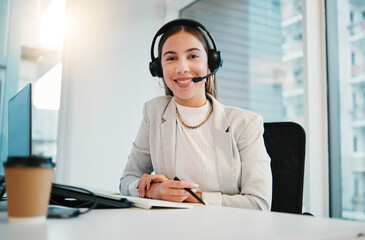 Business woman, portrait and call center, communication or consultant support in e commerce or...