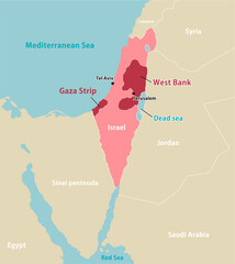 Palestine war (Israel, Palestine and Gaza Strip) and surrounding countries map illustration - obrazy, fototapety, plakaty