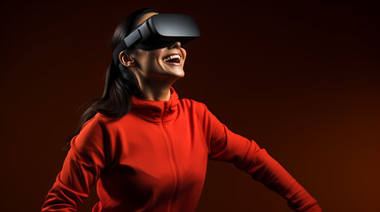 woman with vr glasses red background