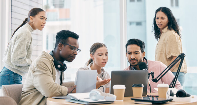 Podcast, laptop problem or group of people, speaker or presenter stress on talk show, broadcast crisis or streaming mistake. Radio error, software glitch or team frustrated for online multimedia fail