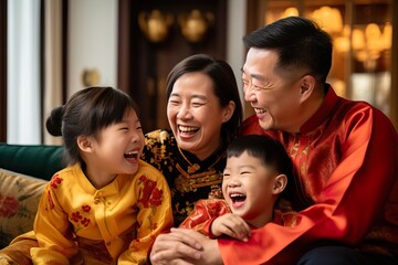 Close-Up of Joyful Asian Family Interacting on Couch
