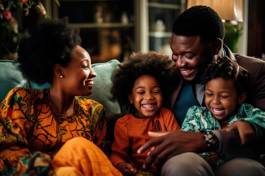 Joyful Black Family Bonding on Living Room Couch