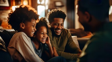 Joyful Black Family Bonding on Living Room Couch - obrazy, fototapety, plakaty