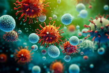 Hyper - realistic various kinds of viruses, bacteria that cause disease with a blurry background.