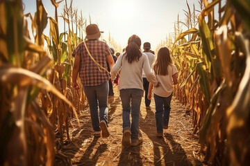 Group of children exploring corn maze in the fall day. Friends playing in corn maze. Kids on pathway in corn field. Popular tourist attraction