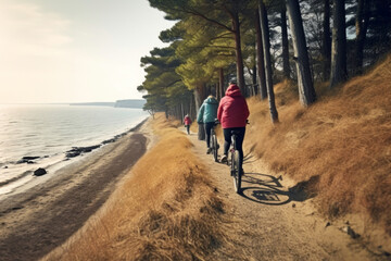 People riding bicycles at the seaside. Cycling by the sea. Active people. Cardio training. Physical fitness. Cardio workout. Healthy lifestyle. Daily routine - obrazy, fototapety, plakaty