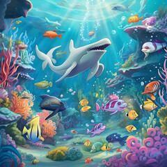 Marine life, underwater world with sea ocean animals, corals and algae, cartoon dolphin and shark, whale and fish, turtle and jellyfish. Childish seabed bottom creatures, undersea biodiversity fauna.