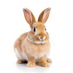 Red bunny rabbit portrait looking frontwise to viewer on white background.