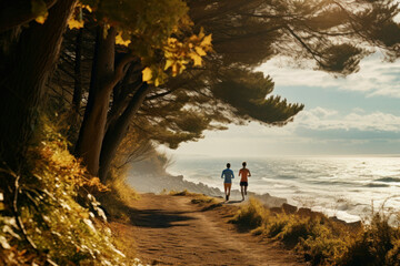 Young couple running outdoor on autumn sunny day. Jogging by the sea. Active people. Cardio training. Physical fitness. Cardio workout. Healthy lifestyle. Daily routine - obrazy, fototapety, plakaty