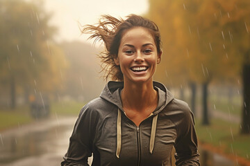 Young woman running outdoor during workout on autumn day. Woman jogging in park. Active woman. Cardio training. Physical fitness. Cardio workout. Healthy lifestyle. Daily routine - obrazy, fototapety, plakaty