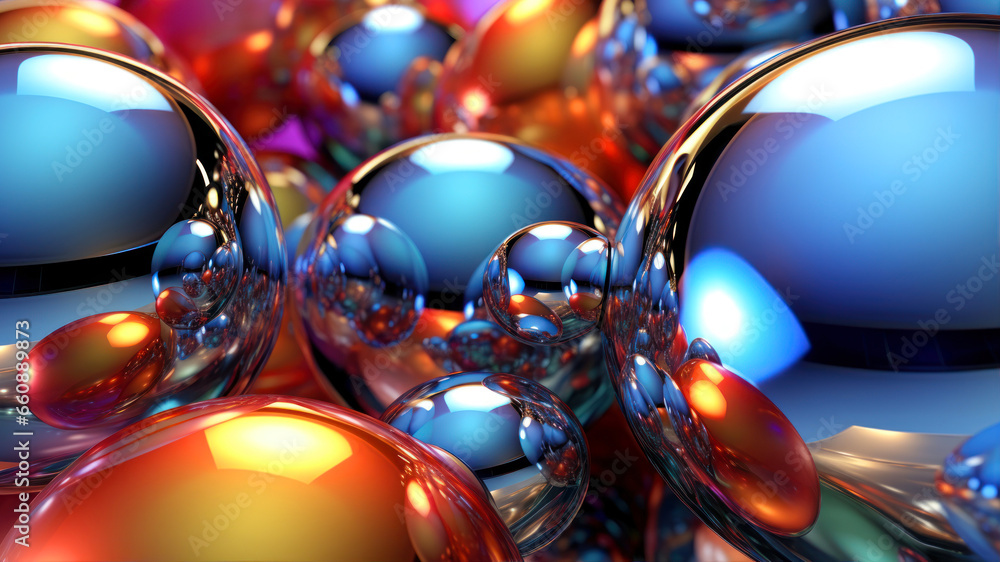Poster abstract 3d rendering of shiny spheres. bokeh background.