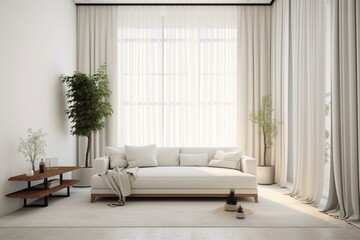 Fototapeta na wymiar Simple white living room with a sofa. Generative AI
