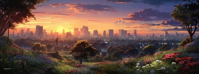 Bustling urban park at twilight photo realistic illustration - Generative AI.