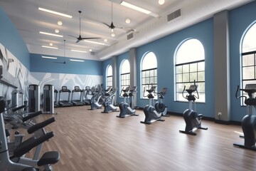 Contemporary fitness center featuring exercise bikes. Generative AI