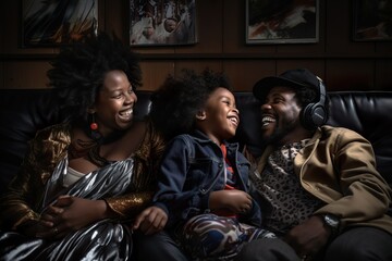 Joyful Black Family Bonding on Living Room Couch