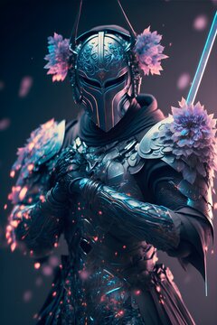 Futuristic swordsman wearing a glowing hanya mask with laser katana fullbody picture from head to toe cybernetics wearing flower pattern armor no text involvedCinematic full body shot frontal views 