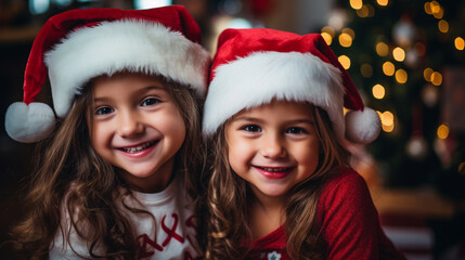 Two young girls wearing christmas hats pose for a picture,  Generative AI