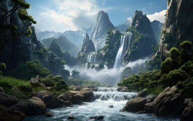 Naklejka na ściany i meble The Power of Water Stunning Waterfall on Rocky Mountains.