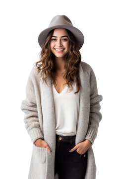 A woman in winter fashion is smiling happily on a transparent background PNG. A woman wearing a wool hat in winter is smiling happily.