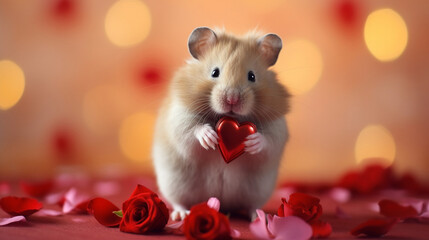 Cute hamsters in love celebrating Valentine's Day and opening a gift - obrazy, fototapety, plakaty