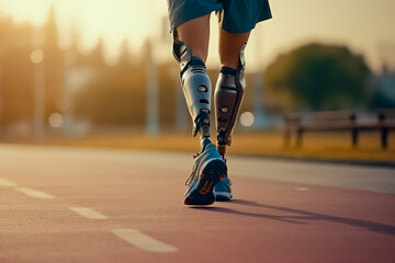 Man with prosthetic leg walking outdoor - Fitness and disability concept. Closeup.