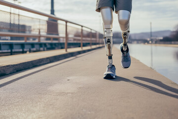 Obraz premium Man with prosthetic leg walking outdoor - Fitness and disability concept. Closeup.