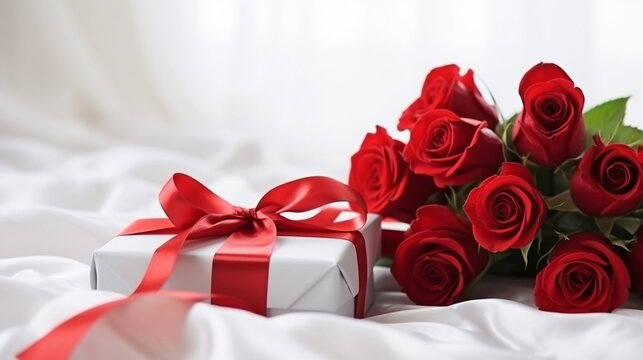 white gift box tied with a red ribbon bow on a bed with a bouquet of roses on Valentine's Day