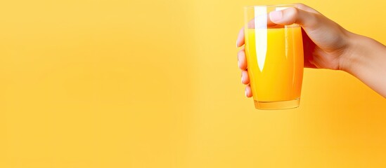 Woman manually extracts juice from fresh orange creating homemade orange juice With copyspace for text
