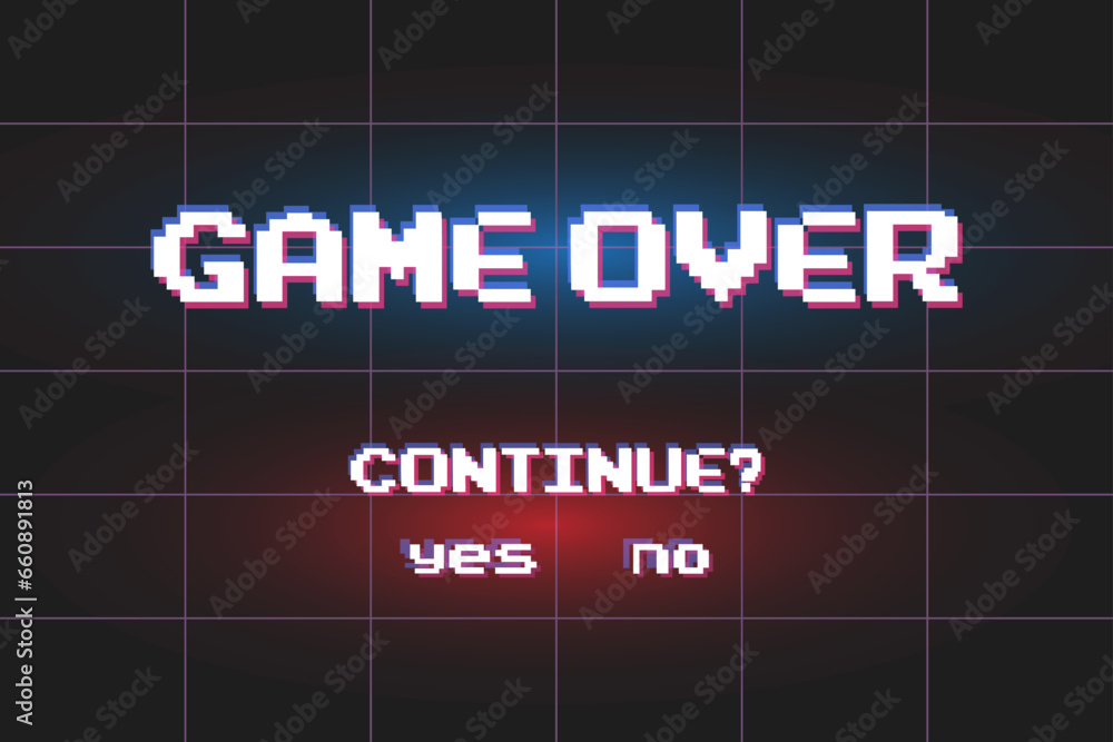 Poster game over background, glitch pixels device screen.pixel game over, 8-bit pixel game over.