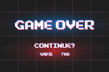 Game over background, glitch pixels device screen.Pixel Game Over, 8-bit Pixel Game Over.