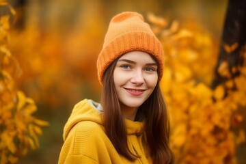 Happy girl autumn. Smiling young woman wearing yellow clothes. Generate ai