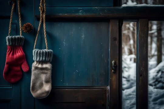 a card with a pair of mittens hanging on a doorknob.