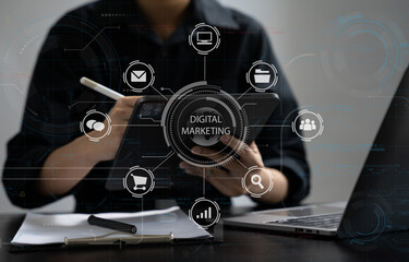 Digital marketing technology concept, Businessmen use tablet and smartphone connection technology and digital marketing.