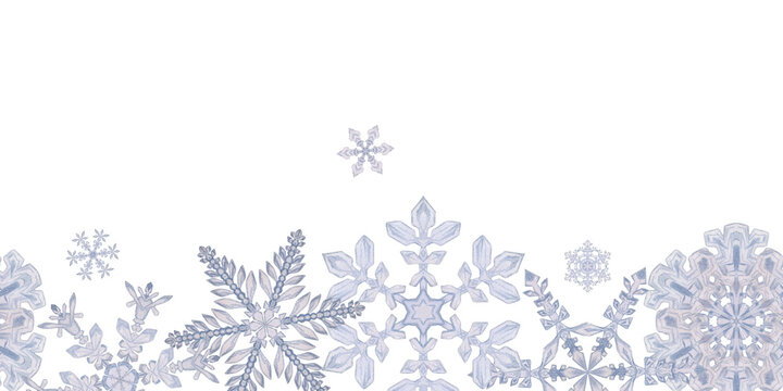 Hand drawn watercolor blue and silver snowflakes, water ice crystals frozen in winter. Illustration isolated seamless border, white background. Design holiday poster, print, website, card, invitation