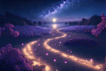Obraz na płótnie Canvas This is a surreal and complex CG rendering Super wide viewing Angle Empty vistas transparent frames glowing rose petals floating in the night sky forming sparkling hearts many purple roses forming 